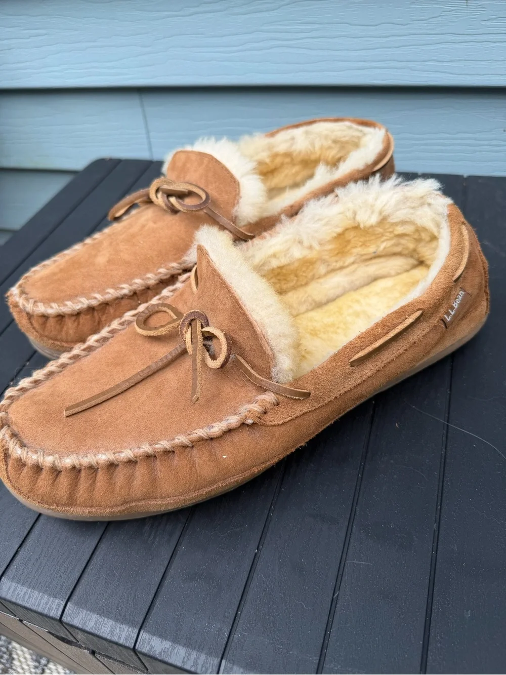LL Bean Men's Brown Suede Wicked Good Shearling Lined Moccasin Slippers Size 11